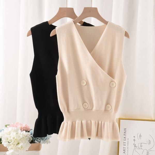 

ruffled waist knit wool vest female vneck sleeveless button decoration doublebreasted sweater vest pullover women spring y201128, Black;white