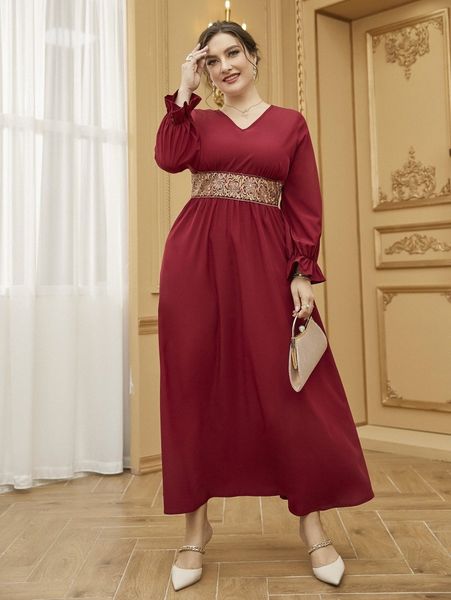 

plus sequin insert flower embroidered flounce sleeve dress d2uo#, Black