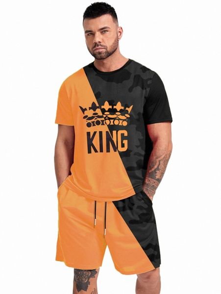 

extended sizes men letter graphic colorblock tee & shorts s1qr#, Gray