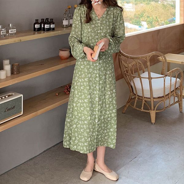 

casual light green vintage loose vneck long sleeve button line fashion cute floral pattern simple women dresses 210426, Black;gray