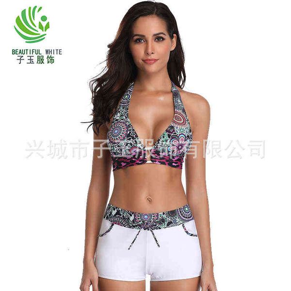 

swimsuit print neck tie large split bikini women's, White;black