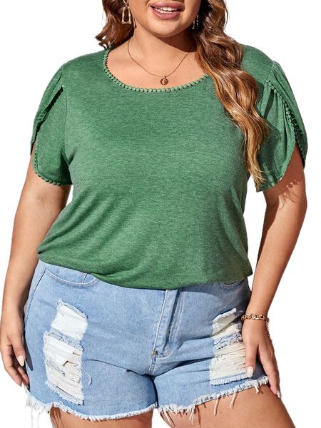 

plus guipure lace trim petal sleeve tee c2x0#, Black