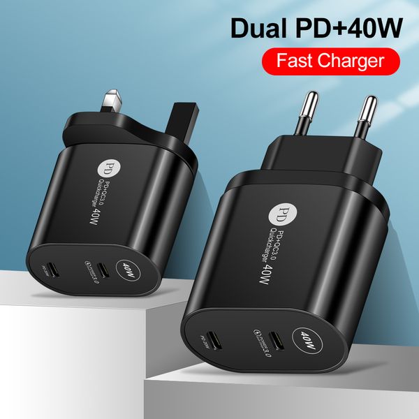 Carregador rápido duplo 20W USB tipo C Carga rápida 4.0 QC 3.0 para iPhone 13 Mini 12 Pro 11 Max Samsung S22 Huawei Xiaomi Oppo Vivo Lg Carregadores de parede UE Reino Unido EUA Plug Power Adapter