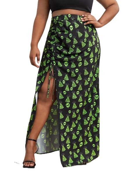 

x the modern alien plus alien print drawstring split thigh skirt z7fb#, Black
