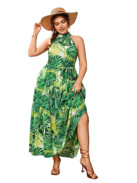 

plus tropical print ruffle hem belted halter dress 49rz#, Black