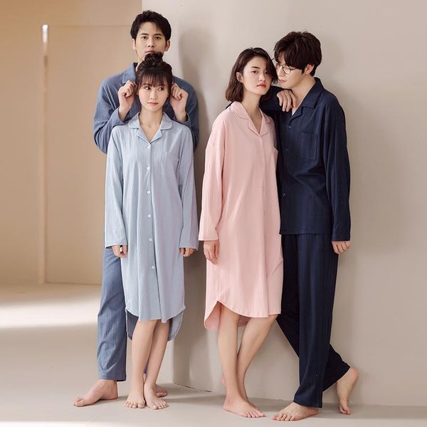 

couple pajamas men and women matching sleepwear spring 2 pcs solid soft cotton pyjamas set nightgown loose nightshirt, Black;red