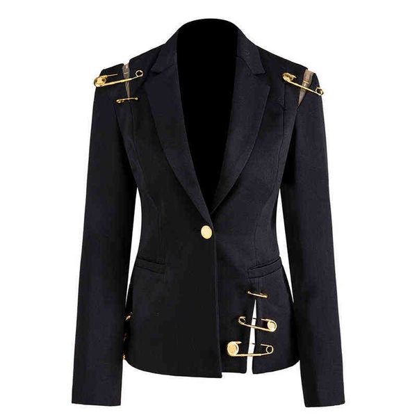 

2020 spring new blazer shoulder mesh stitching pin decoration long sleeves single button slim black suit jacket women j220813, White;black