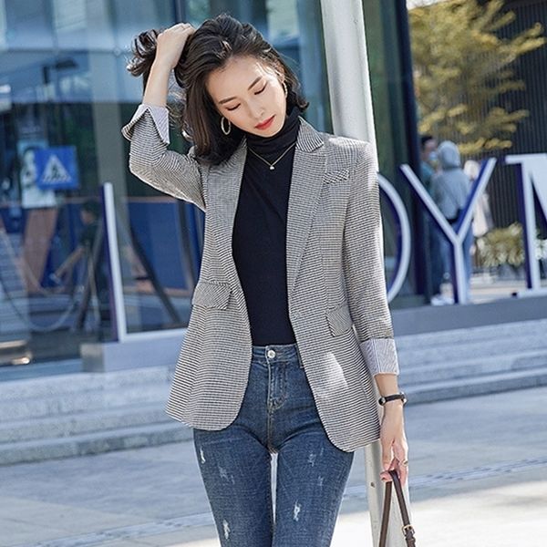 

womens autumn suit blazer plus size plaid print slim jacket women korean style notched single button female casual outwear y201026, White;black