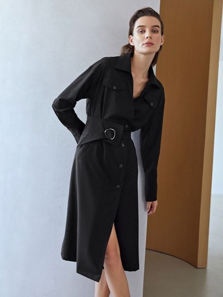 motf premium viscose belted shirt dress n8an#, Black;gray