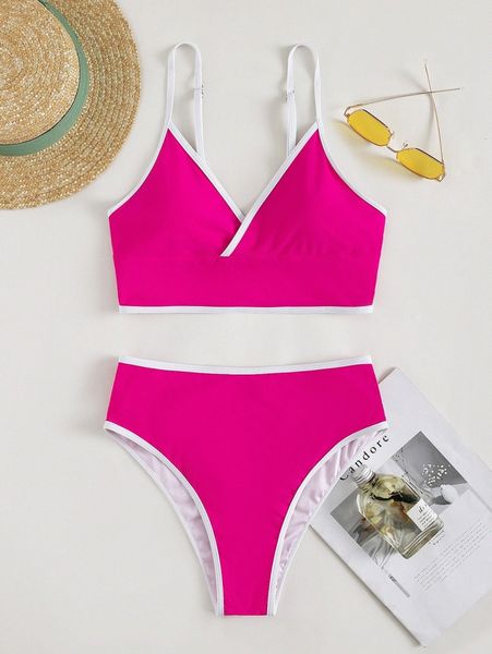 

binding trim high waisted bikini swimsuit 32cx#, White;black