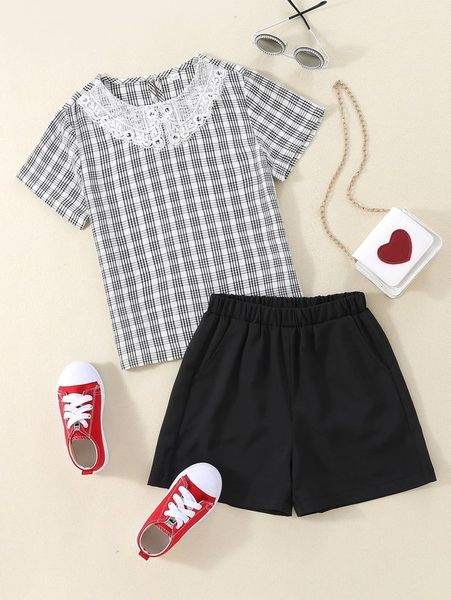 

girls plaid contrast lace tee & shorts she, White