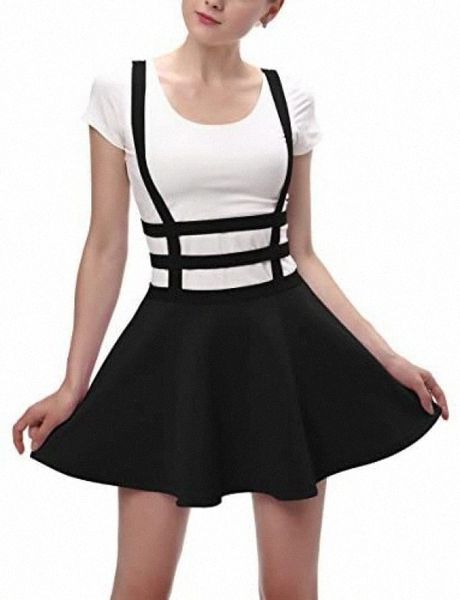 

coco womens elastic waist pleated short braces skirt 85j2#, Black