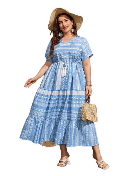 

plus 1pc all over print roll up sleeve smock dress e748#, Black