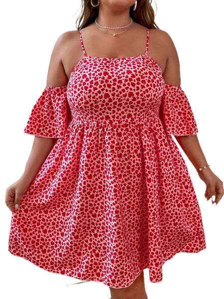 

plus allover print cold shoulder shirred back dress x1sw#, Black