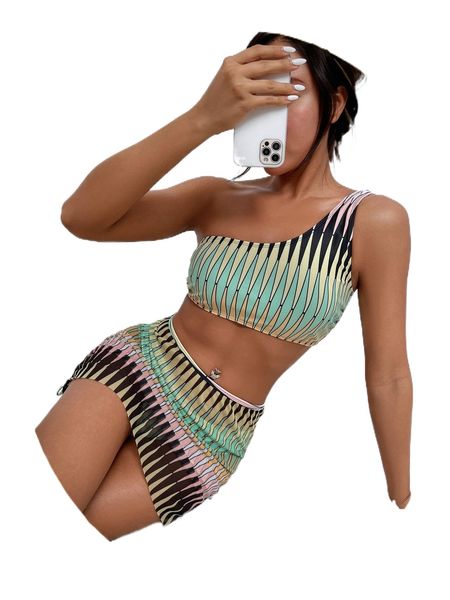 

sxy 3pack geo graphic one shoulder bikini swimsuit & beach skirt h7dp#, White;black