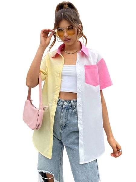 

colorblock patched pocket drop shoulder blouse l3ak#, White