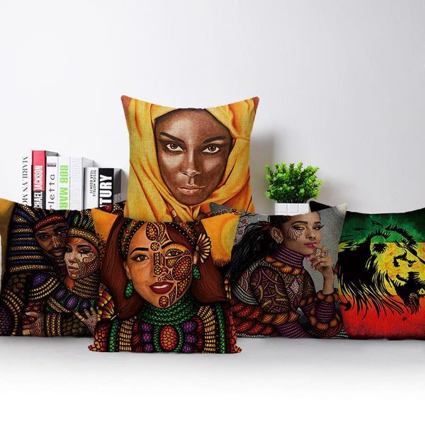 Cojín / almohada decorativa África Caja de niña negra Decoración de la oficina en el hogar Dibujos animados coloridos Mujeres Animal León Funda de cojín para sofá Funda de almohada de cocheC