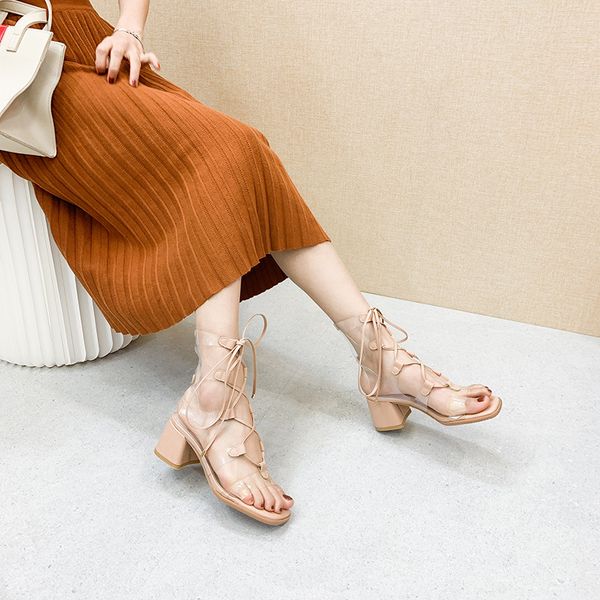 Damen-Sandalen mit hohen Absätzen, modische All-Match-Riemchensandalen mit dickem Absatz, transparentes Obermaterial, römische Schuhe, Sommerstiefel