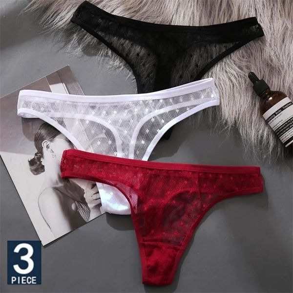 

3pcs/set women's panties g-string perspective woman thong low-waist underpants hollow out t-back female underwear lingerie 220505, Black;white
