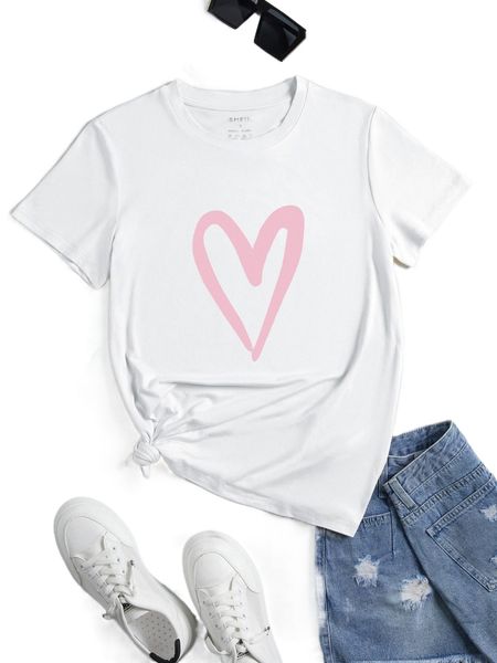 

heart print round neck tee o7b1#, White