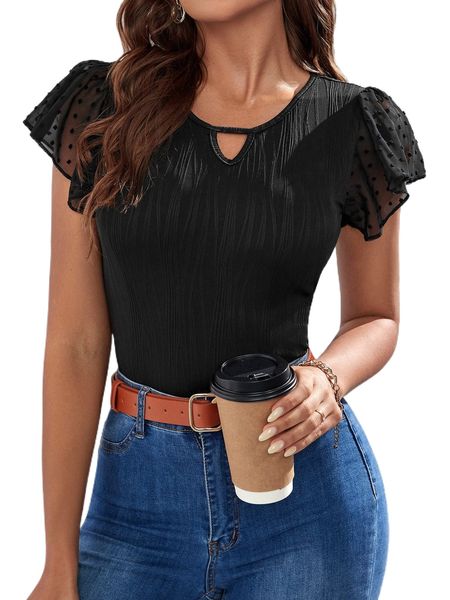 

dobby mesh insert keyhole neck tee z36c#, White