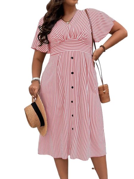 

plus striped fake buttons butterfly sleeve dress u5vl#, Black
