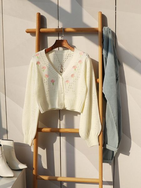 

flower embroidery pointelle knit crop cardigan n0pp#, White;black