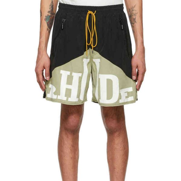 

fashion brand designer shorts rhude lettered two color stitching drawstring loose men's and women's shorts capris, White;black
