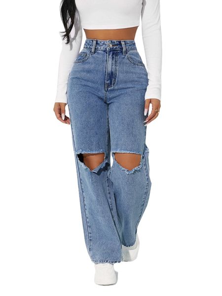 

petite high waist cut out straight leg jeans d6oe#, Blue