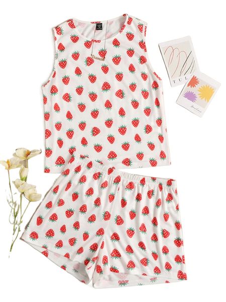 

plus strawberry print tank & shorts pajama set d3l8#, Black;white