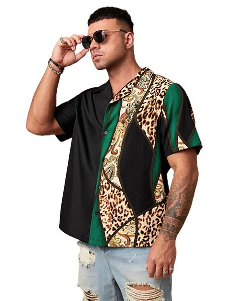 

extended sizes men paisley & leopard print shirt a0m7#, White;black