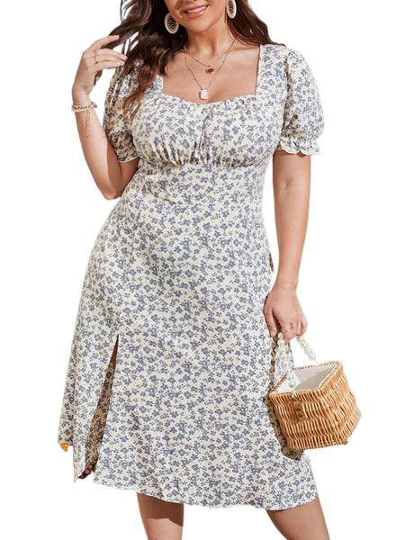 

plus size dresses ditsy floral puff sleeve split thigh dress y55t#, Black