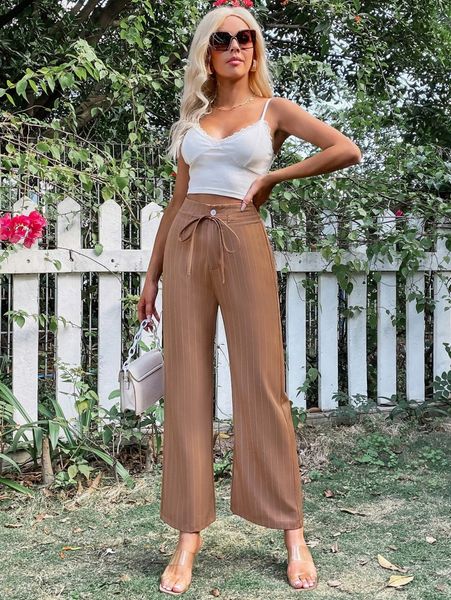 

striped print drawstring wide leg pants a78c#, Black;white