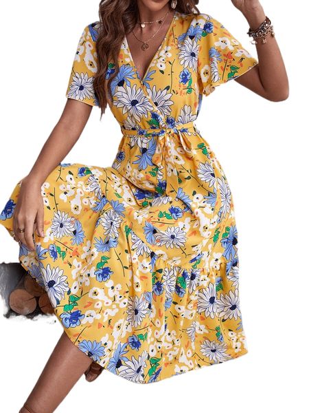 

f.loral p.rint surplice v. n.eck b.elted d.ress d10b#, Black;gray