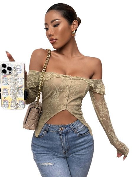 

off shoulder lettuce trim asymmetrical hem lace u9mt#, White
