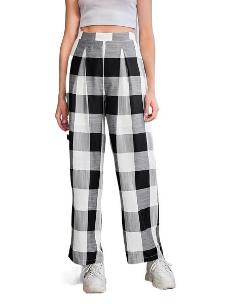 

gingham wide leg pants o18b#, Black;white