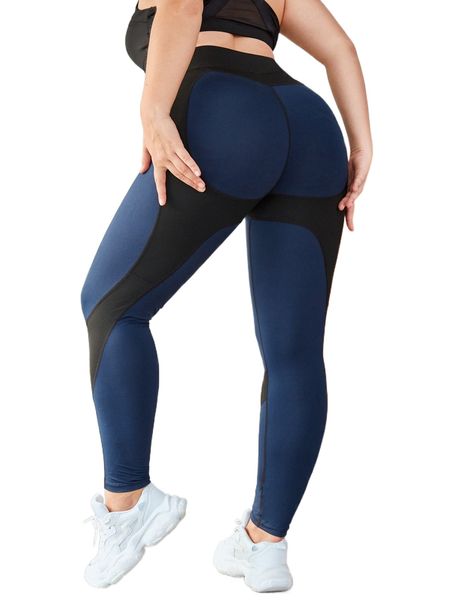 

plus four-way stretch colorblock sports leggings v10d#, Black