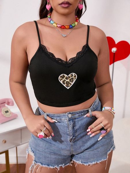 

plus heart print contrast lace cami g0bd#, Black