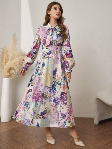 

patchwork & floral print flounce sleeve tie neck dress c6bg#, Black;gray