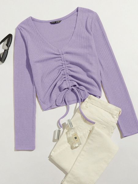 

drawstring front rib-knit tee b3px#, White
