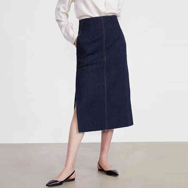 

skirts summer women split side navy raw trim midi denim skirt g769, Black