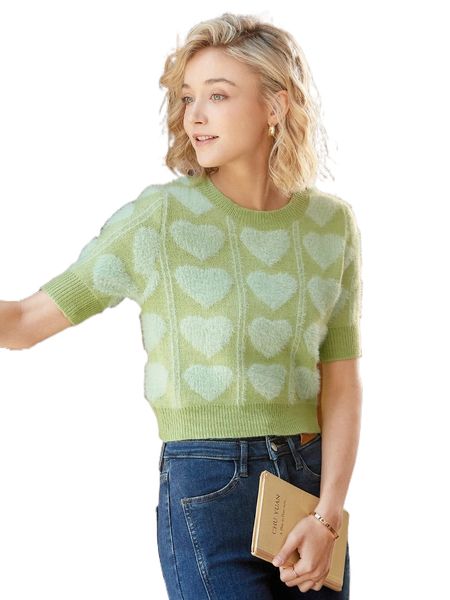 

knit mix heart pattern fuzzy knit n8ft#, White;black