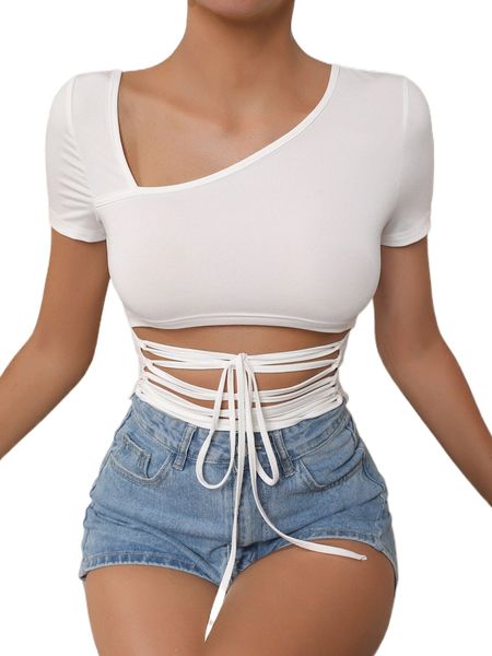 

asymmetrical neck lace up front tee 17eo#, White