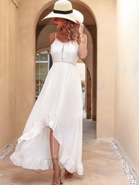 

guipure lace insert high low ruffle hem cami dress o0uu#, Black;gray