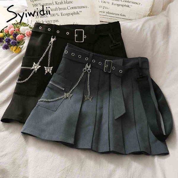 

vintage chain pleated high waist skirt women sashes casual aline solid spring summer korean fashion mini skirts 210415, Black