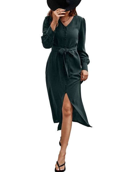 

bishop sleeve button front belted dress b3bg#, Black;gray