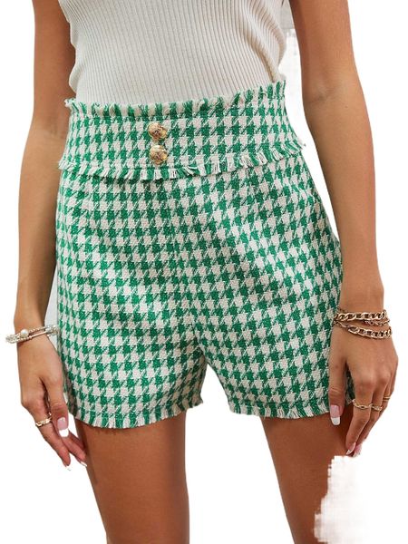 

simplee houndstooth print raw cut shorts 03f0#, White;black