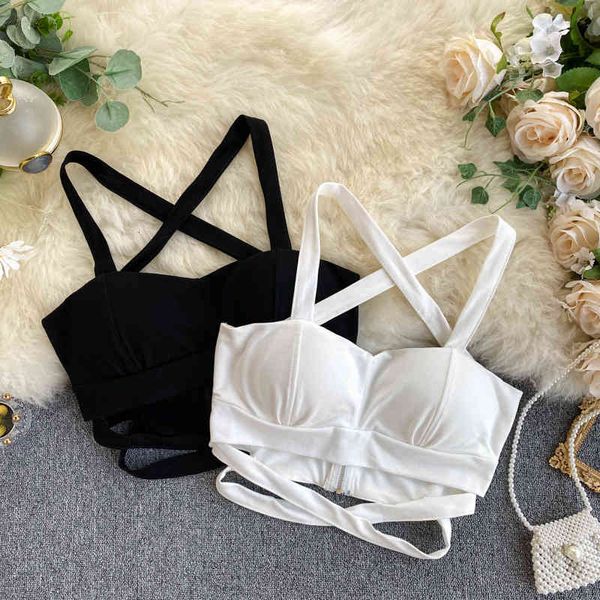 

women's tanks camis ins suspender vest female heart machine backless cross short navel with bra ityr, White