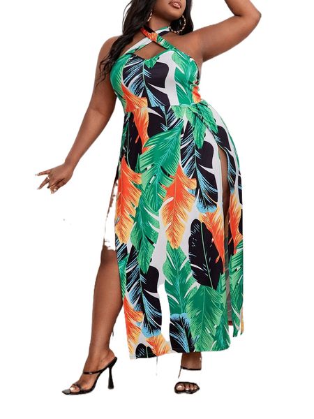 

sxy plus tropical print backless m-slit hem maxi halter dress f2wa#, Black
