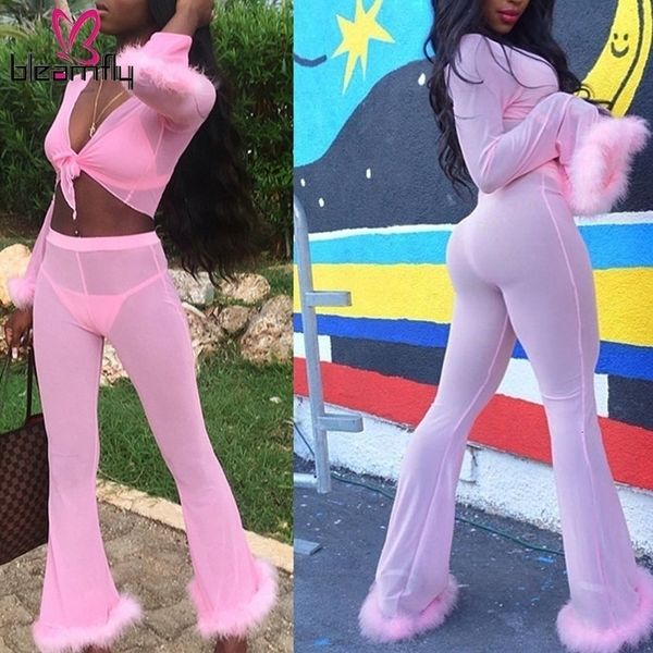 

pink mesh tracksuit for women sweat suit two piece set women solid lace up crop and flare pants party beach outfits y200110, White
